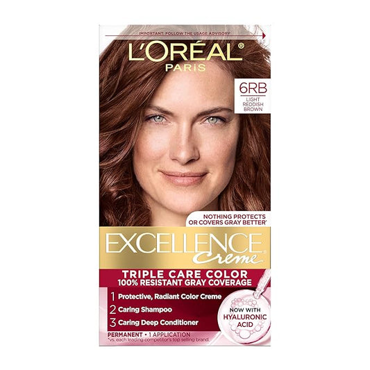 L'Oreal Paris Excellence Crème Permanent Hair Dye, Triple Care Hair Color with Hyaluronic Acid for 100% Gray Coverage, 6RB Light Reddish Brown, 1 Kit (Packaging May Vary)