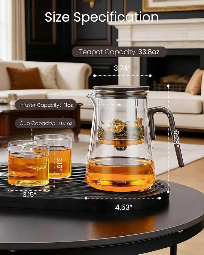 ZENS Enchanted Teapot Set, Magnetic Glass Tea Infuser Pot with 2 Cups for Loose Leaf Tea Steeper, Magic Tea Maker, Mess-Free Loose Tea Diffusers for Tea Lovers Ideal Gifts, 34oz (1000 ml)