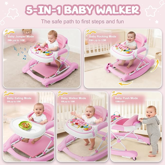 5-in-1 Foldable Baby Walker,Music and Lights Baby Walker with Wheels,Height Adjustable Infant Walker, with Activity Center, Rocker, Bouncer,Push Walker & Feeding Tray for Babies 6-18 Months (Pink)