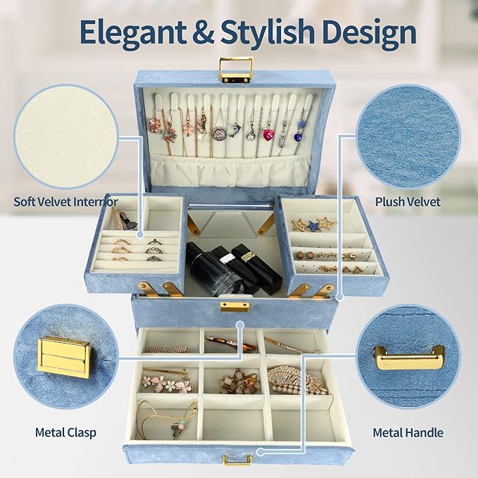 Jewelry Organizer Box, Large Jewelry Boxes for Women Girls, Space-Saving 3 Layers Jewelry Storage Case with Drawer, Gift Idea for Christmas, Valentine's Day, Birthday, Mother's Day (Blue)