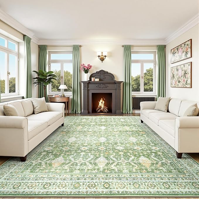 9x12 Area Rugs for Living Room, Washable Large Carpet, Light Green | Soft Rug for Bedroom, Dining Room, Home Office, Indoor, Nursery, Stain Resistant, Non-Slip, Low Pile,Vintage Distressed Rug