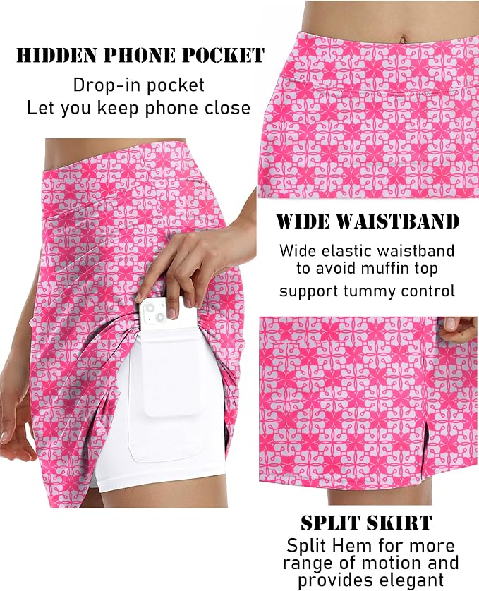 COOrun Women's 20" Knee Length Skirts High Waisted Golf Skorts with Pockets | Soft, Quick Dry, Split Hem, Built-in Shorts, A-line, Modest Skirts, for Golf Athletic Tennis Work Casual