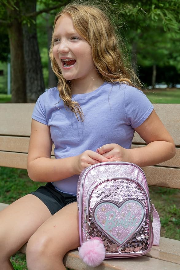 AI ACCESSORY INNOVATIONS Barbie 9” Micro Mini Backpack Purse Featuring a 3D Heat Logo Patch, Sequins & Glitter PU, & Pompom Dangle, Pink