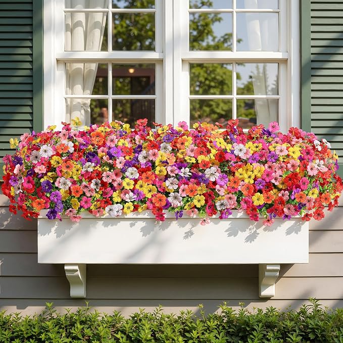 Alupssuc 24 Bundles Artificial Daisy Flowers UV Resistant for Outdoor Decor | Silk & Plastic, Spring Faux Plants Greenery, Bendable Stems, for Porch Patio Hanging Window Planter Yard Outside, 8 Colors