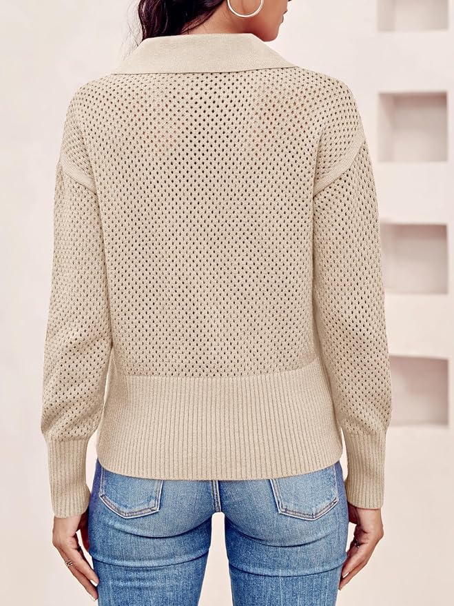 Doshoop Womens Summer Crochet Sweaters Long Sleeve Hollow Out Knit Half Zip Lapel Collar Pullover Tops
