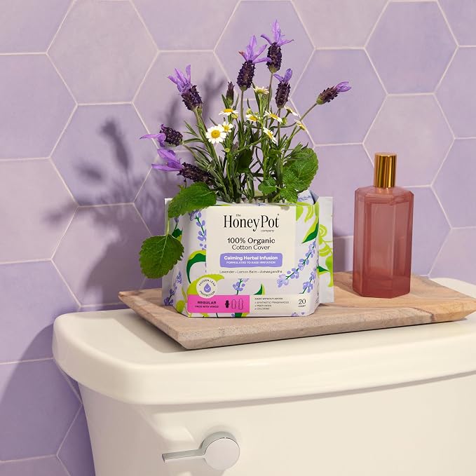 Honey Pot - Calming Herbal Regular Sanitary Pads for Women - 100% Organic Cotton Top Sheet - Feminine Care - Non Cooling - Calming Herbs of Lavender, Ashwagandha, & Lemon Balm - 20ct
