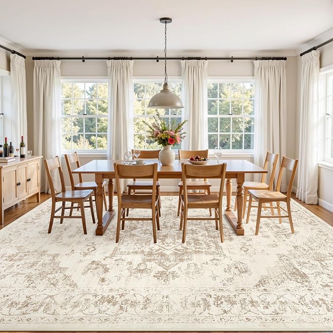 10x12 Area Rug for Living Room: Vintage Boho Neutral Washable Rug Indoor Soft Large Area Rug Carpet for Bedroom Nursery Farmhouse Dining Room Office Floor Non-Slip Low Pile Under Table Rug Beige/Ivory