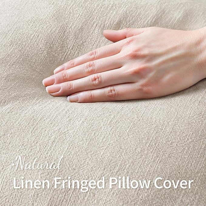 MIULEE Linen Fringe Decorative Throw Pillow Covers Natural Beige 18x18 | Set of 2, Cottagecore Decor, Boho Farmhouse Neutral Pillow Covers, Rustic Couch Cushion Cases for Sofa Bed Living Room