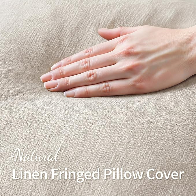 MIULEE Linen Fringe Decorative Throw Pillow Covers Natural Beige 16x16 | Set of 2, Cottagecore Decor, Boho Farmhouse Neutral Pillow Covers, Rustic Couch Cushion Cases for Sofa Bed Living Room