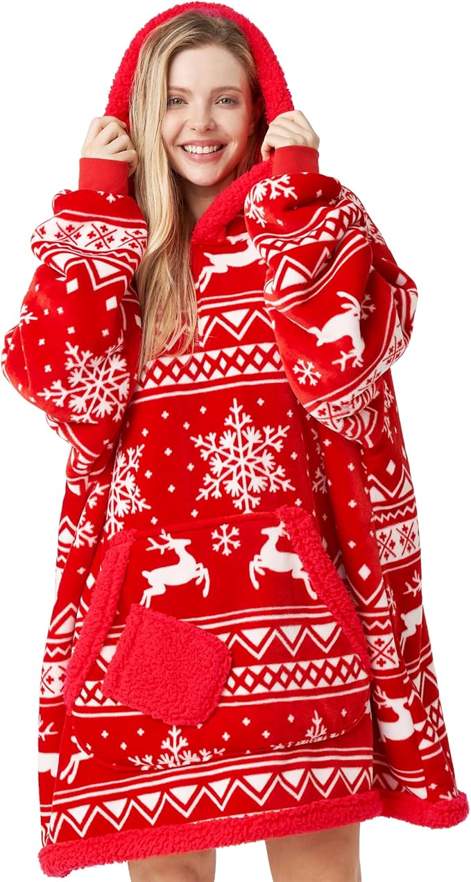Giggling Getup Wearable Blanket Hoodie for Adults Gifts for Teen Girls Sister Women Sherpa Fleece Printed Hooded Blanket Sweatshirt Warm Cozy with Pocket & Sleeves Red Christmas Reindeer