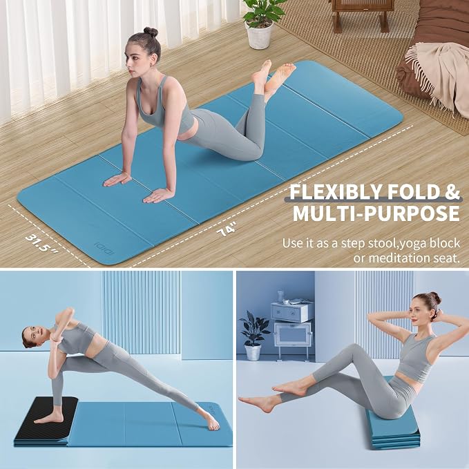 Foldable Extra Large Yoga Mat 74"×31.5", 8mm Double-Sided Non Slip Lightweight Fitness Mat for Man & Woman, Portable for Home Studio & Travel