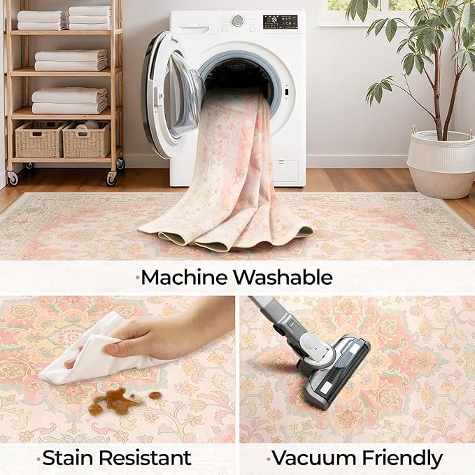 CAPALOCA Square 6ft Washable Nursery Girls Low Pile Area Rug Pink Green | Non-Slip Soft Rugs for Bedroom Kids Playroom Living Room, Print Pattern Water Repellent Carpet Indoor Decor