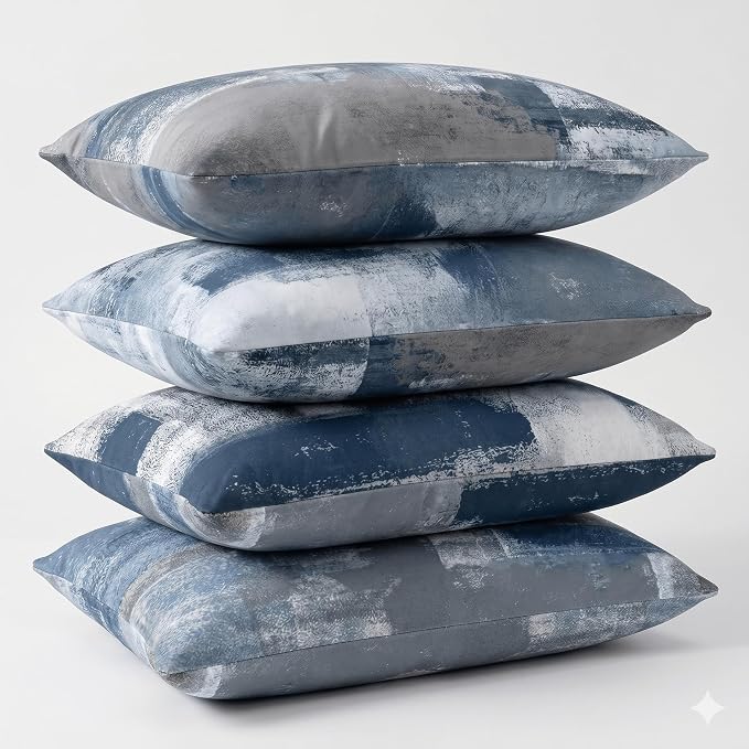 Modern Abstract Throw Pillow Covers 12x20, Blue & Grey Set of 4 | Double-sided vibrant artwork accent cushion covers. Perfect decorative pillows for couch, sofa, bed, and living room.