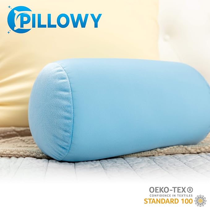 Microbead Bolster Neck Roll Pillow, Gently Body, Head, Neck & Shoulders No Pain Rest, Relax Sleep - Silky Feel Prevent Wrinkles & Hair Breakage - Lightweight Cylinder Tube, 14" x 8", Sweet Baby Blue