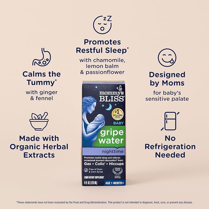 Mommy's Bliss, Bottle, Mommy's Bliss Night Time Gripe Water for Baby's Tummy Trouble - Relieves Occasional Infant Stomach Discomfort from Gas, Colic, Fussiness, Hiccups , 4 Fl Oz