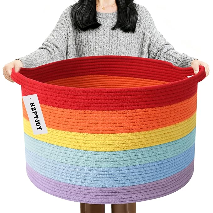 90L Large Blanket Basket,Rope Woven Laundry Basket-Rainbow | Collapsible, reinforced handles, nursery storage bin organizes clothes, toys and pillows for living room, bedroom bathroom