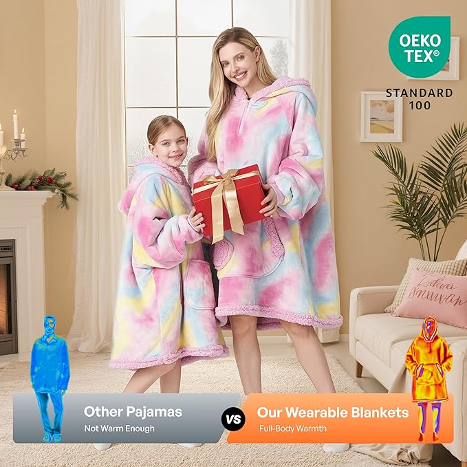 Giggling Getup Wearable Blanket Hoodie for Girls and Boys Warm Cozy Sherpa Fleece Hooded Blanket Sweatshirt Oversized Hoodie with Giant Pocket & Sleeves for Kids Cotton Candy Tie Dye