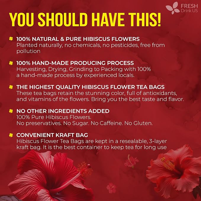 FRESHDRINKUS 140 Hibiscus Flowers Tea Bags, 100% Natural, Pure from Hibiscus Flowers. Loose Flower Hibiscus Herbal Tea. Hibiscus Flower Tea. No Sugar, No Caffeine, No Gluten, Vegan.