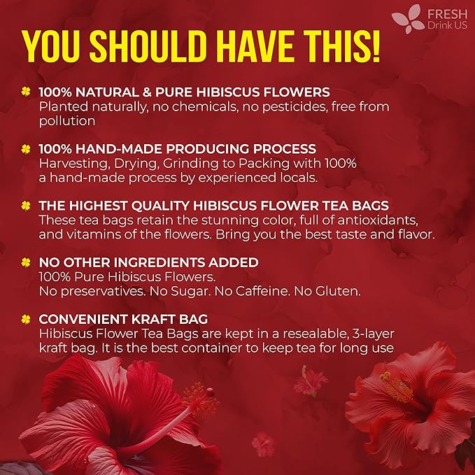 FreshDrinkUS, Premium 235 Hibiscus Flowers Tea Bags, 100% Natural, Pure from Hibiscus Flowers. Loose Flower Herbal Tea. No Sugar, No Caffeine, No Gluten, Vegan.