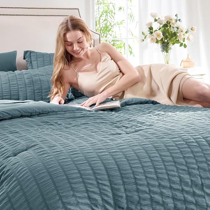 CozyLux Queen Comforter Set Mineral Blue Seersucker 7 Pieces Bed in a Bag Queen Comforter Set with Sheets, Luxury Bedding Set with Down Alternative Comforter, Sheets, Pillowcases & Shams All Seasons