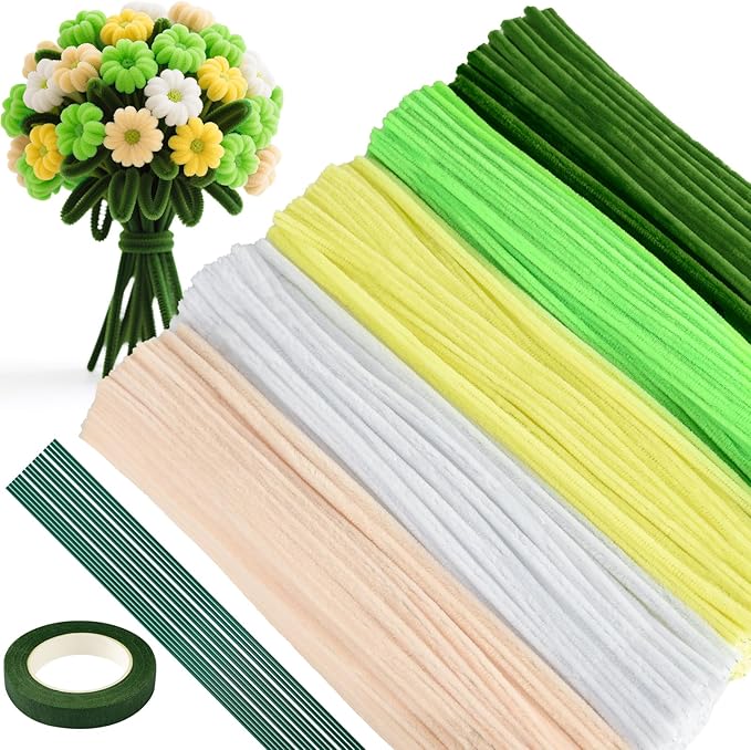 ASTARON 521 Pcs Pipe Cleaners Craft Set, 5 Colors Pipe Cleaners Bulk Pastel Chenille Stems for Craft Pipe Cleaner Flowers Making Kit with Floral Wires, Gardening Tape (Green Yellow Series)