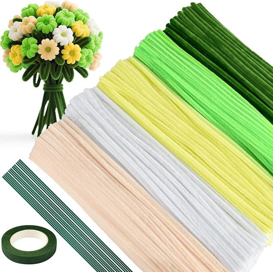 ASTARON 521 Pcs Pipe Cleaners Craft Set, 5 Colors Pipe Cleaners Bulk Pastel Chenille Stems for Craft Pipe Cleaner Flowers Making Kit with Floral Wires, Gardening Tape (Green Yellow Series)