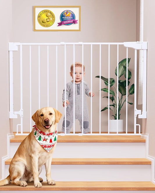 Cumbor 29.2–43" Baby Gate for Stairs, Hardware Mounted (Drill Required), Expandable No Bottom Bar Dog Gate, Auto Close Extra Wide Walk Thru, Pet & Toddler Proof Gate, Top & Bottom of Stairways (White)