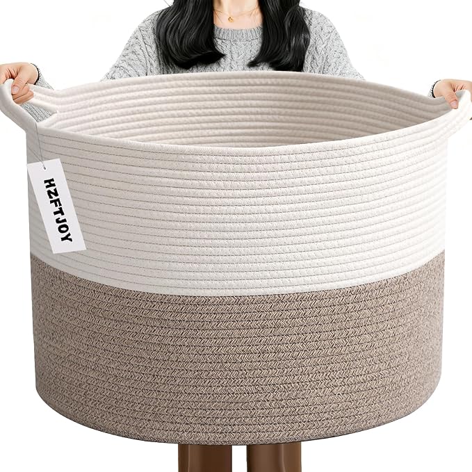 115L Extra Large Blanket Basket,Woven Laundry Basket- White & Brown | Collapsible Nursery Storage Bin with Sturdy Handles, Organizes Clothes, Toys and Pillows for Living Room, Bedroom, Bathroom