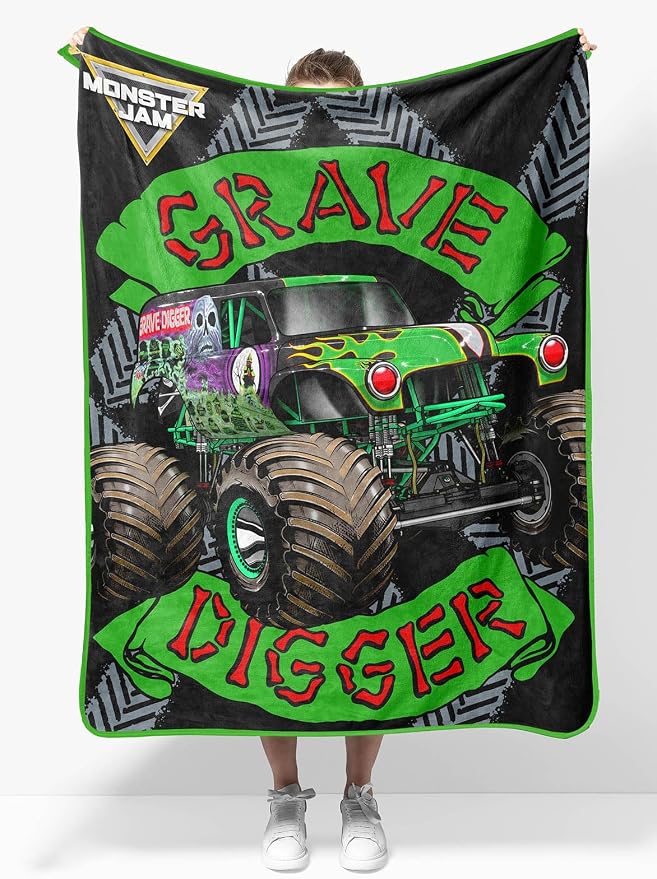 Sunny Side Up Monster Jam Plush Travel Throw Blanket - Measures 40 x 50 Inches - Super Soft & Cozy Travel Accessories Features Grave Digger