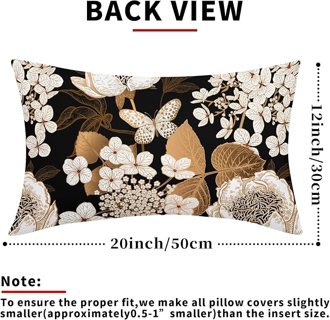 Vintage Floral Lumbar Pillow Covers 12X20 Inch Set of 2 White Flowers Gold Leaves Botanical Decorative Pillow Cases Rustic Leaf Black Cotton Linen Cushion Case Farmhouse Home Decor For Sofa Couch