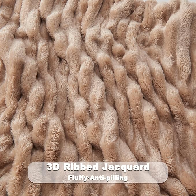 NEWCOSPLAY Super Soft Queen Blanket Taupe Premium Silky Flannel Fleece 3D Ribbed Jacquard Lightweight Bed Blanket All Season Use (Taupe Ribbed, Queen(90"x90"))