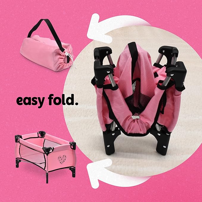 Dolls To Play Baby Doll Stroller Bed and Seat Nursery Playset, Accessories Furniture Set High Chair Diaper Bag Role Play Deluxe Set Heart Design