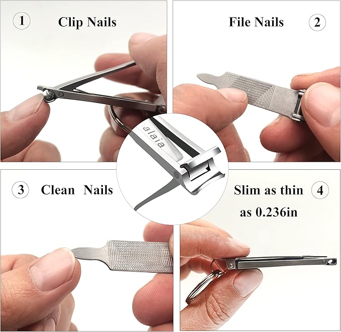 Stainless Steel Portable Nail Cutter，German Keychain Nail Clipper with File for Man and Women, Ultra Thin Flat Nail Clipper Perfect Use for Traveling、 Home 、 Office (Small, 2)
