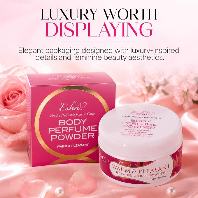 Esha Body Perfume Powder - Fragrance Body Dusting Powder for Women - Long Lasting Silky Lightweight Formula - Helps Absorb Moisture & Oil (Warm & Pleasant)