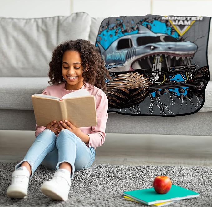 Jay Franco Kids Plush Throw Blanket – Soft & Comfy Throw for Couch or Bed – Cozy Home Décor for Living Room & Bedroom, Gray - Monster Jam, 46x60 - Throw Blanket