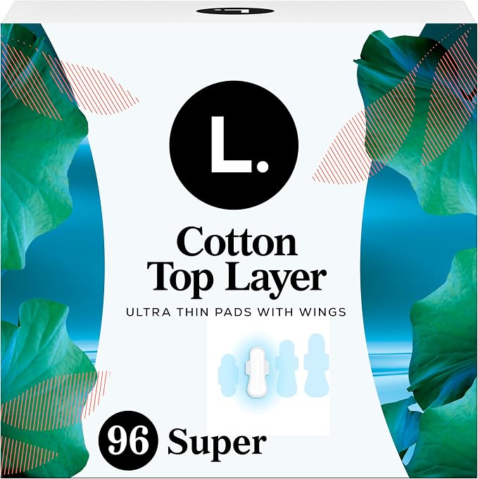 L. Ultra Thin Pads for Women, Super Absorbency, Organic Cotton Top Layer, Unscented Pads with Wings, (4 Packs of 24), 96 Count (Pack of 2)