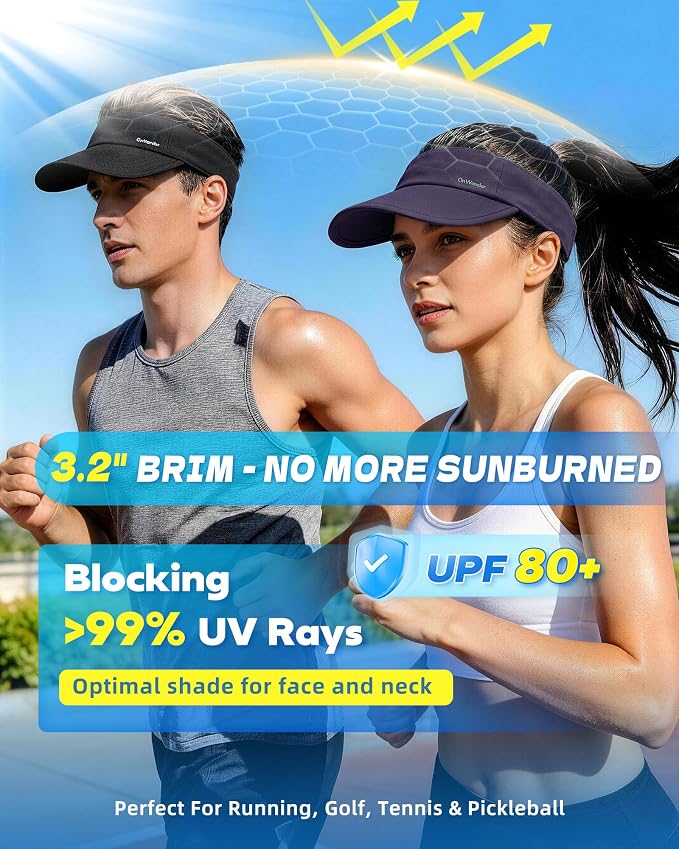 Sun Visor Hats for Women Men - Wide Brim Quick Dry Adjustable Hat | Upf 80+ Sun Protection Sport Hat, Cooling Sweatband; Breathable Quick-Dry Fabric Visors for Running, Tennis, Golf, Sports