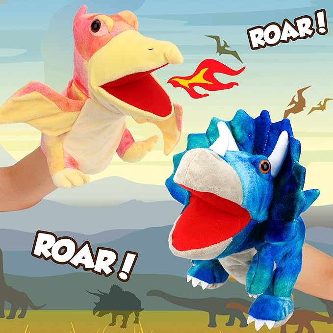 Cuteoy Plush Triceratops Hand Puppet Stuffed Animal Toy Open Movable Mouth Creative Role Play Storytelling Dinosaur Plushies Gifts for Kids Toddlers Birthday Christmas