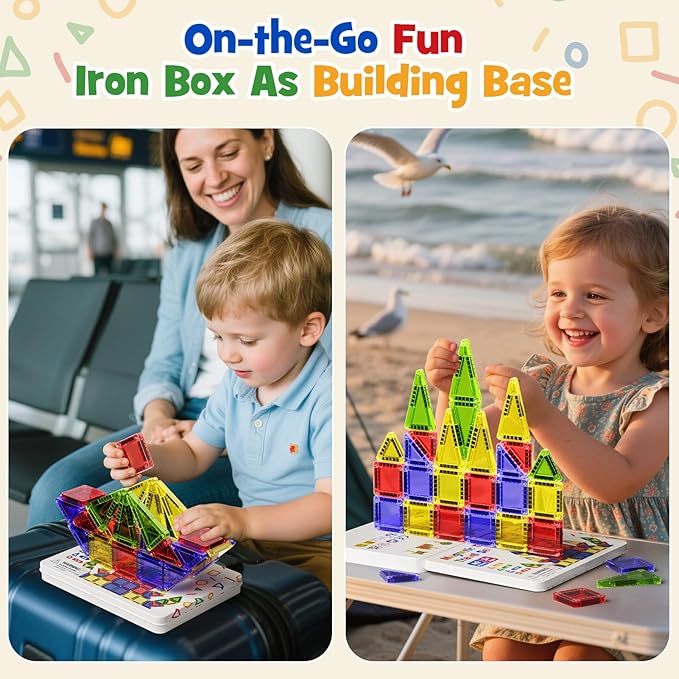 Portable Magnetic Tiles for Kids Travel - 40pcs STEM Building Blocks with Visual Storage Guide & Metal Box Play Base, Toddler Airplane Activities Toys for Ages 3-5,4-8, Compact Travel Toys