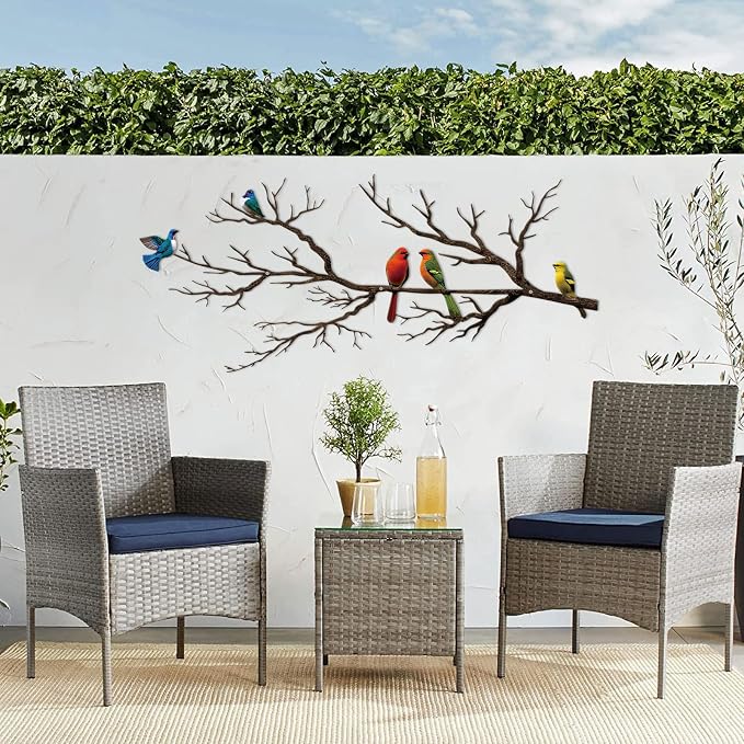 ESTART Metal Birds Wall Art, Metal Vivid Birds on Branch Silhouette Wall Decor Black Leaves with Bird Outdoor Hanging Wall Sculpture for Home Balcony Garden (Vintage Color, Large)