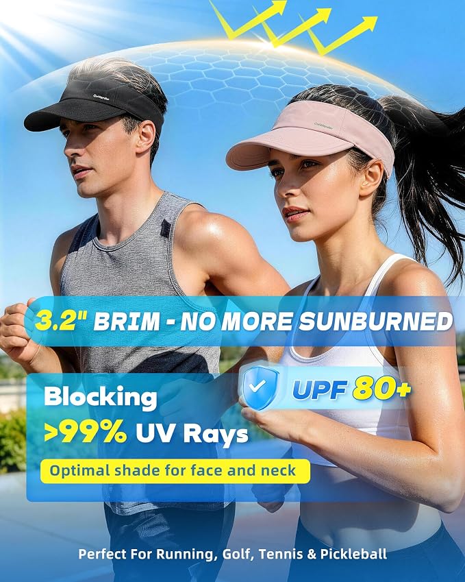 Sun Visor Hats for Women Men - Wide Brim Quick Dry Adjustable Hat | Upf 80+ Sun Protection Sport Hat, Cooling Sweatband; Breathable Quick-Dry Fabric Visors for Running, Tennis, Golf, Sports