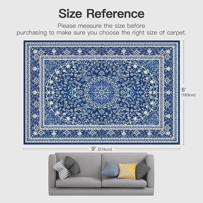 6x9 Area Rugs for Living Room, Washable Non-Slip Rug, Oriental Dark Blue | Area Rugs for Bedroom, Low Pile Large Carpets for Dining Room, Office, Indoor, Stain Resistant Vintage Oriental Print Rug