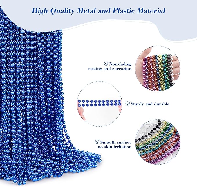 YAXINRUI 120 PCS Blue Bead Necklaces, Blue Mardi Gras Christmas Bead Necklaces, Patriotic Necklace, 33 Inch Round Beaded Necklace for Mardi Gras Christmas 4th of July Festive Events