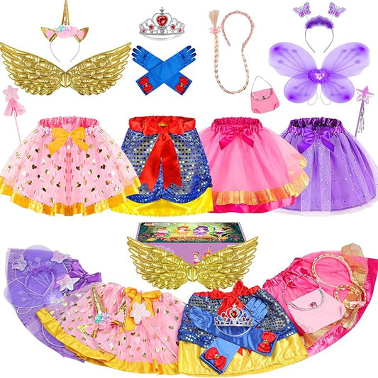 Little Girls Dress Up Clothes for Toddler, Princess Skirt Costume Set with Princess Gloves Crown Wings, Kids' Dress Up Pretend Play Toys Gift for 3 4 5 6 Girls