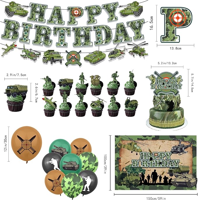43Pcs Army Birthday Party Decorations Military Supplies Includes Soldier Balloons- Banner-Cake Topper-Cupcake Toppers-Army Soldier Backdrop for Camo Birthday Party Decorations
