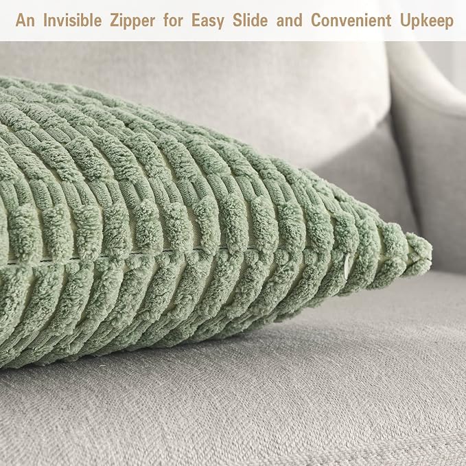 Volcanics Pack of 2 Sage Green Decorative Throw Pillow Covers 16x16 Inch | Soft Corduroy Striped Square Cushion Cases, Modern Farmhouse Boho Home Decor for Spring Couch Bed Sofa Living Room