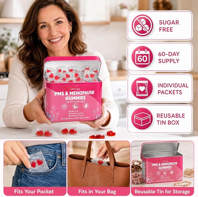 Menopause Supplements for Women - Menopause, Perimenopause & PMS Relief Gummies, Hormone Balance with DIM, Black Cohosh, B6 | Supports Hot Flashes, Night Sweats & Mood Balance | Sugar-Free, 120 Count