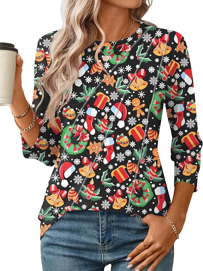 LOMON 3/4 Length Sleeve Womens Tops Spring Summer Fashion 2026 Tops Crew Neck Pleated Shirts Tunic Top Loose Fit