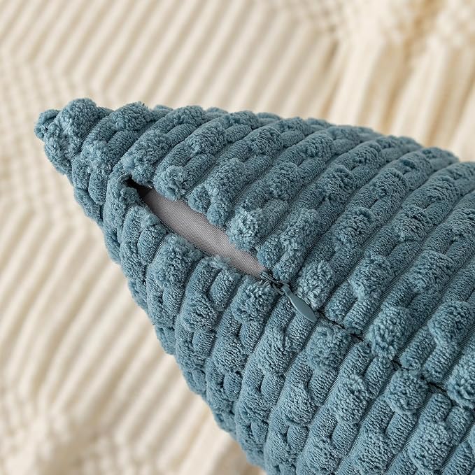 Kevin Textile Soft Corduroy 14"x36" Lumbar Pillow Cover 1 Pack, Blue | Boho Stripe Plush Corduroy Decorative Oblong Cushion Cover Modern Farmhouse Home Decor for Sofa Couch Bed Chair