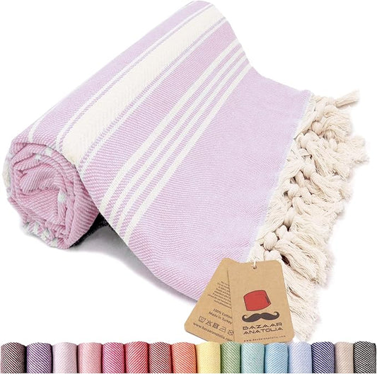 Bazaar Anatolia Turkish Beach Towel – 100% Cotton, Quick Dry, Sand Free Towel for Bathroom, Camping, Travel, Lavender – Oversized 71x39 Inches – Stripe Lilac